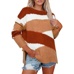 image:imageCHARTOU Womens Fall Fashion Color Block Side Slit Asymmetrical Striped Crewneck Pullover SweaterKhaki