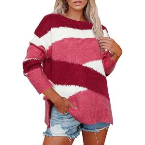 image:imageCHARTOU Womens Fall Fashion Color Block Side Slit Asymmetrical Striped Crewneck Pullover SweaterPink
