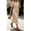 image:imageCHARTOU Womens Striped Shirt Dress Long Sleeve Casual Summer Dresses Button Down Belted Midi Dress with PocketsMocha