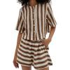 image:imageCHARTOU 2 Piece Lounge Linen Short Sets for Women Matching Striped Crop Top Summer Travel Vacation OutfitsBrown