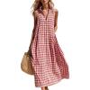 image:imageCHARTOU Women Plaid Maxi Dress Summer Gingham Lapel Sleeveless Button Down Sun Dress with PocketsRed