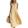 image:imageCHARTOU Women Plaid Maxi Dress Summer Gingham Lapel Sleeveless Button Down Sun Dress with PocketsYellow