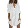image:imageCHARTOU Womens Baggy Button Down Solid Color Lightweight Cover Up Shirt Dress with PocketsWhite