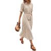 image:imageCHARTOU Womens Striped Shirt Dress Long Sleeve Casual Summer Dresses Button Down Belted Midi Dress with PocketsMocha