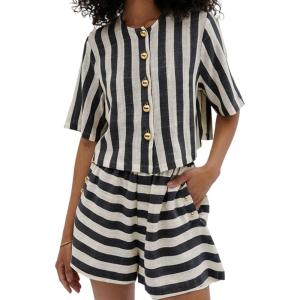 image:imageCHARTOU 2 Piece Lounge Linen Short Sets for Women Matching Striped Crop Top Summer Travel Vacation OutfitsBlack