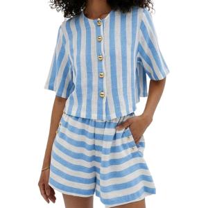 image:imageCHARTOU 2 Piece Lounge Linen Short Sets for Women Matching Striped Crop Top Summer Travel Vacation OutfitsBlue