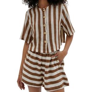 image:imageCHARTOU 2 Piece Lounge Linen Short Sets for Women Matching Striped Crop Top Summer Travel Vacation OutfitsBrown