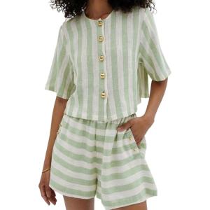 image:imageCHARTOU 2 Piece Lounge Linen Short Sets for Women Matching Striped Crop Top Summer Travel Vacation OutfitsGreen