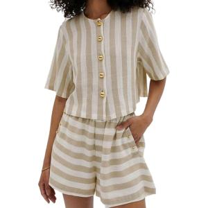 image:imageCHARTOU 2 Piece Lounge Linen Short Sets for Women Matching Striped Crop Top Summer Travel Vacation OutfitsKhaki