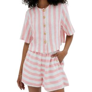 image:imageCHARTOU 2 Piece Lounge Linen Short Sets for Women Matching Striped Crop Top Summer Travel Vacation OutfitsPink
