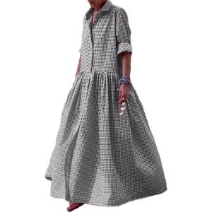 image:imageCHARTOU Women Casual Loose Fit Long Sleeve Button Up Collared Shirt Pleated Flowy Maxi Long Blouse DressBlack