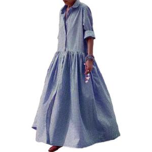 image:imageCHARTOU Women Casual Loose Fit Long Sleeve Button Up Collared Shirt Pleated Flowy Maxi Long Blouse DressBlue