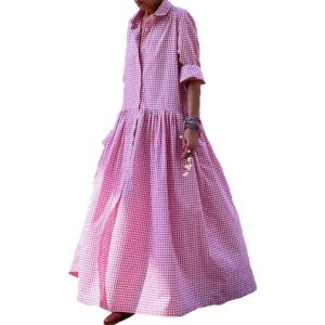 image:imageCHARTOU Women Casual Loose Fit Long Sleeve Button Up Collared Shirt Pleated Flowy Maxi Long Blouse DressPink