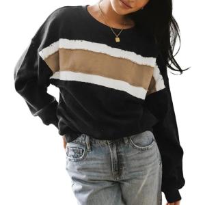 image:imageCHARTOU Women Color Block Pullover Sweatshirt Fuzzy Patchwork Raw Hem Long Sleeve Oversized Shirt TopsBlack