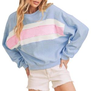 image:imageCHARTOU Women Color Block Pullover Sweatshirt Fuzzy Patchwork Raw Hem Long Sleeve Oversized Shirt TopsBlue