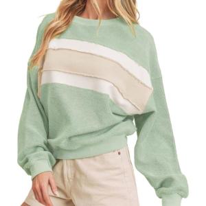 image:imageCHARTOU Women Color Block Pullover Sweatshirt Fuzzy Patchwork Raw Hem Long Sleeve Oversized Shirt TopsGreen