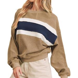 image:imageCHARTOU Women Color Block Pullover Sweatshirt Fuzzy Patchwork Raw Hem Long Sleeve Oversized Shirt TopsKhaki