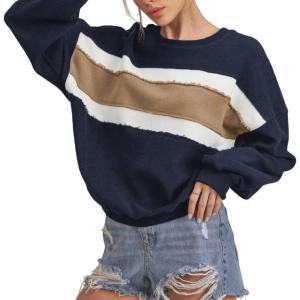 image:imageCHARTOU Women Color Block Pullover Sweatshirt Fuzzy Patchwork Raw Hem Long Sleeve Oversized Shirt TopsNavy