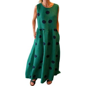 image:imageCHARTOU Women Cotton Linen Shift Dress Summer Casual Polka Dot Tunic Flowy Maxi Long DressGreen