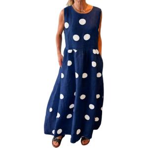 image:imageCHARTOU Women Cotton Linen Shift Dress Summer Casual Polka Dot Tunic Flowy Maxi Long DressNavy