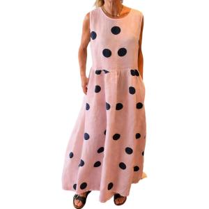 image:imageCHARTOU Women Cotton Linen Shift Dress Summer Casual Polka Dot Tunic Flowy Maxi Long DressPink