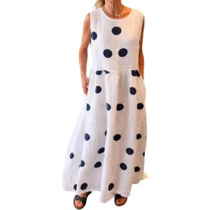 image:imageCHARTOU Women Cotton Linen Shift Dress Summer Casual Polka Dot Tunic Flowy Maxi Long DressWhite Green