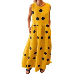 image:imageCHARTOU Women Cotton Linen Shift Dress Summer Casual Polka Dot Tunic Flowy Maxi Long DressYellow