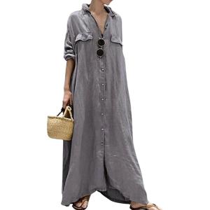 image:imageCHARTOU Women Flowy Long Sleeve Maxi Dress Button Down Long Shirt Dress Flowy Cardigan Kimono Boho Beach Cover UpsGrey