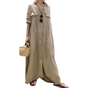 image:imageCHARTOU Women Flowy Long Sleeve Maxi Dress Button Down Long Shirt Dress Flowy Cardigan Kimono Boho Beach Cover UpsKhaki