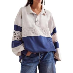 image:imageCHARTOU Women Lace Patch Polo Sweatshirt Oversized Color Block Hoodies Fall Buttons Y2k TopBlue