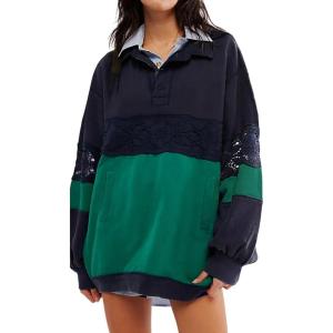 image:imageCHARTOU Women Lace Patch Polo Sweatshirt Oversized Color Block Hoodies Fall Buttons Y2k TopGreen