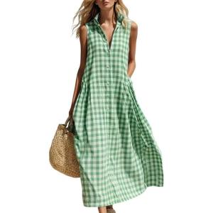 image:imageCHARTOU Women Plaid Maxi Dress Summer Gingham Lapel Sleeveless Button Down Sun Dress with PocketsGreen