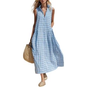 image:imageCHARTOU Women Plaid Maxi Dress Summer Gingham Lapel Sleeveless Button Down Sun Dress with PocketsLight Blue