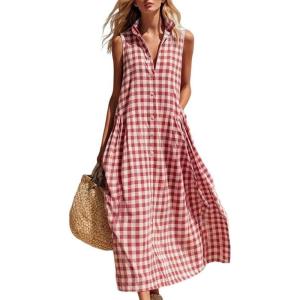 image:imageCHARTOU Women Plaid Maxi Dress Summer Gingham Lapel Sleeveless Button Down Sun Dress with PocketsRed