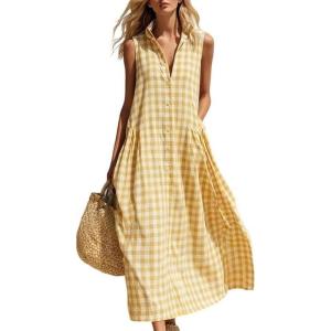 image:imageCHARTOU Women Plaid Maxi Dress Summer Gingham Lapel Sleeveless Button Down Sun Dress with PocketsYellow