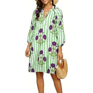 image:imageCHARTOU Women Summer Boho Floral Beach Dresses 34 Sleeve Front Tie Stripe Vacation Tunic Dress with PocketsGreen