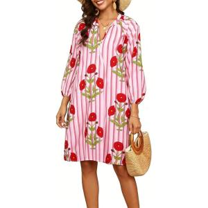 image:imageCHARTOU Women Summer Boho Floral Beach Dresses 34 Sleeve Front Tie Stripe Vacation Tunic Dress with PocketsPink