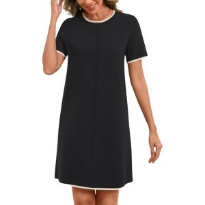 image:imageCHARTOU Women Summer Contrast Color Midi Dress Short Sleeve Tunic Shirt DressBlack