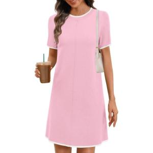image:imageCHARTOU Women Summer Contrast Color Midi Dress Short Sleeve Tunic Shirt DressPink