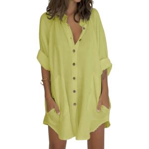 image:imageCHARTOU Womens Baggy Button Down Solid Color Lightweight Cover Up Shirt Dress with PocketsGreen