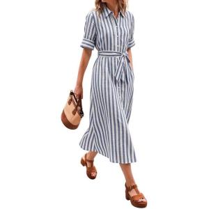 image:imageCHARTOU Womens Striped Shirt Dress Long Sleeve Casual Summer Dresses Button Down Belted Midi Dress with PocketsBlue