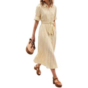 image:imageCHARTOU Womens Striped Shirt Dress Long Sleeve Casual Summer Dresses Button Down Belted Midi Dress with PocketsYellow