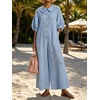 image:imageCHARTOU Women Linen Button Down Wide Leg Jumpsuit Peter Pan Collar 34 Sleeve Beach Palazzo Baggy OverallsBlue