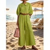 image:imageCHARTOU Women Linen Button Down Wide Leg Jumpsuit Peter Pan Collar 34 Sleeve Beach Palazzo Baggy OverallsGreen