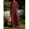 image:imageCHARTOU Women Linen Button Down Wide Leg Jumpsuit Peter Pan Collar 34 Sleeve Beach Palazzo Baggy OverallsWine