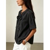 image:imageCHARTOU Womens Short Sleeve Denim Shirt Dressy Bow Tie Front Tops Summer Lightweight Button Down Jean BlouseBlack