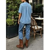 image:imageCHARTOU Womens Short Sleeve Denim Shirt Dressy Bow Tie Front Tops Summer Lightweight Button Down Jean BlouseBlue
