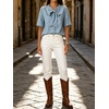 image:imageCHARTOU Womens Short Sleeve Denim Shirt Dressy Bow Tie Front Tops Summer Lightweight Button Down Jean BlouseLight Blue
