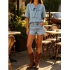 image:imageCHARTOU Womens Short Sleeve Denim Shirt Dressy Bow Tie Front Tops Summer Lightweight Button Down Jean BlouseLight Blue