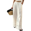 image:imageCHARTOU Women Lace Eyelet Hem Cotton Linen Pants Baggy Wide Leg Palazzo Pants Summer Beach TrousersWhite